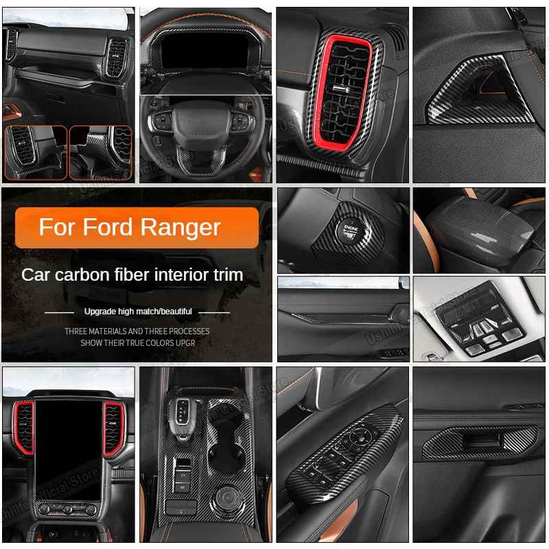 

LHD RHD Carbon Fiber Car Interior Centre Panel Steering Wheel Frame Door Buttons Covers For Ford Ranger T9 2023 2024 Accessories