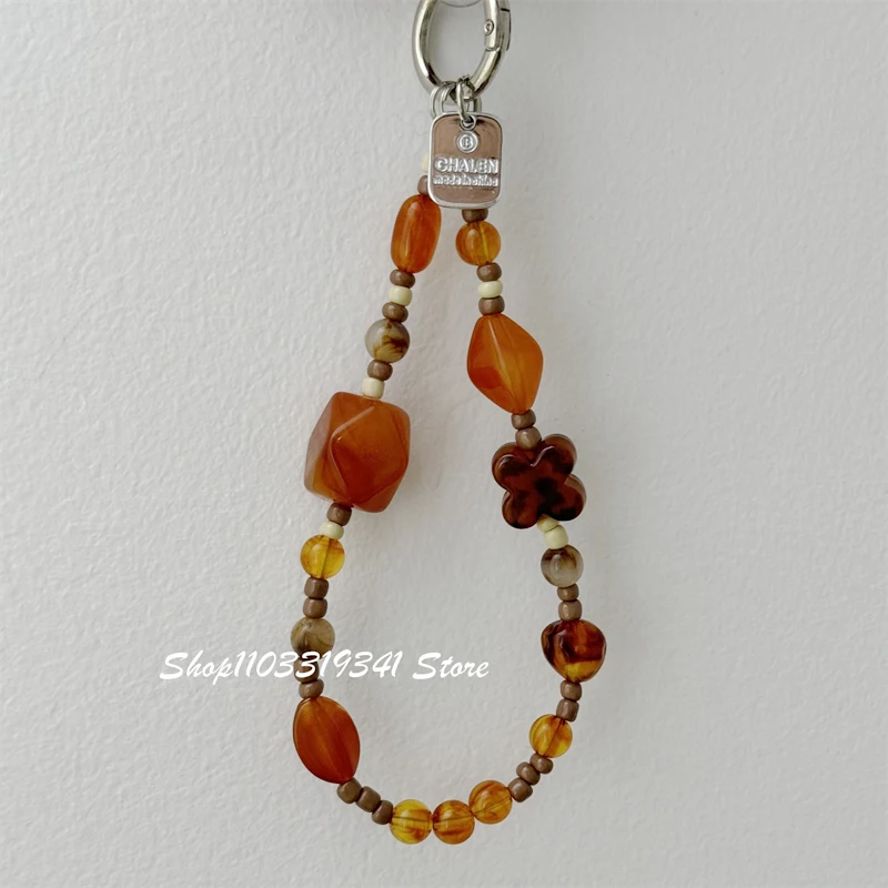 Maillard Style Caramel Beaded Phone Charm Keychain Bracelet Lanyard For iPhone 15 Samsung Universal Camera Anti-Lost Wrist Strap