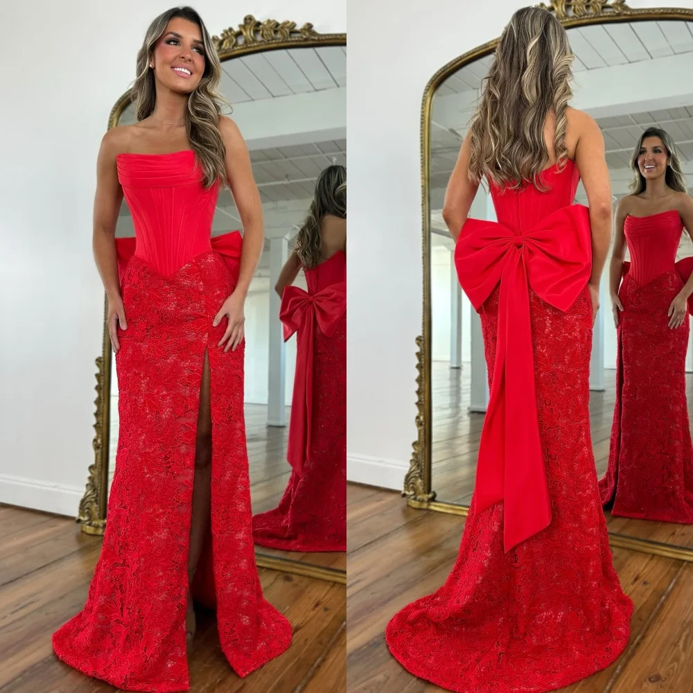 

Customized High Quality Sparkle Bow Pleat Straight Strapless Long Dresses Bespoke Occasion Dresses Sizes Available Modern Style