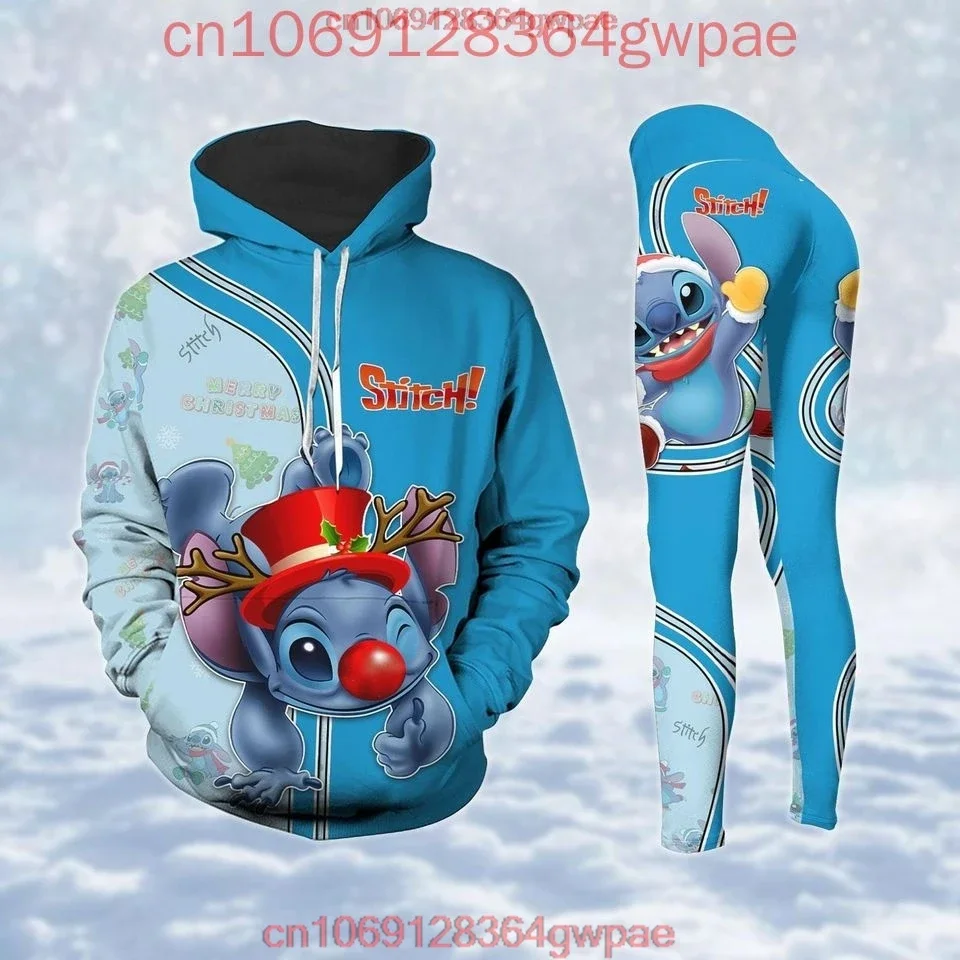 Stitch Christmas Hoodie and Leggings Set Women's Disney Stitch and Angel Hoodie Yoga Pants Sweatpants Fashion Tracksuit Set