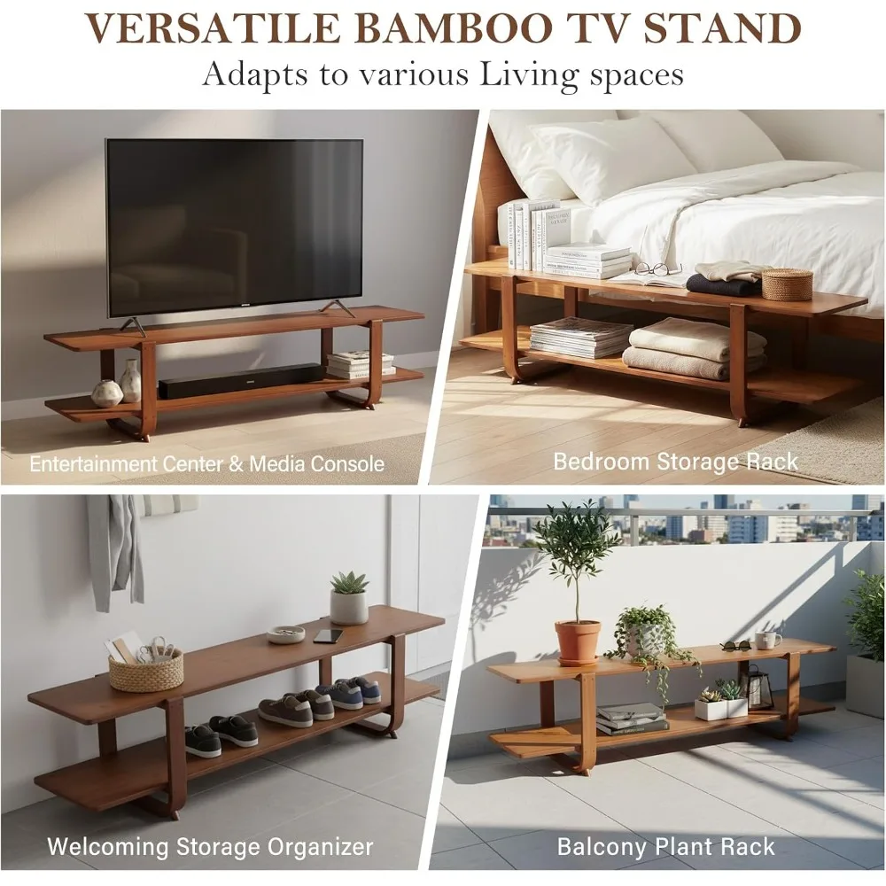 Walnut TV Stand for 65-Inch TVs, 2 Open Shelves, Modern Media Console