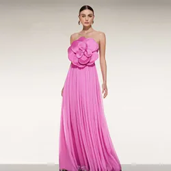 2024 New 3D Floral Pink Prom Maxi Dress Strapless Soft Chiffon Long Party Dresses with Handmade Flower Beach Holiday Women Dress