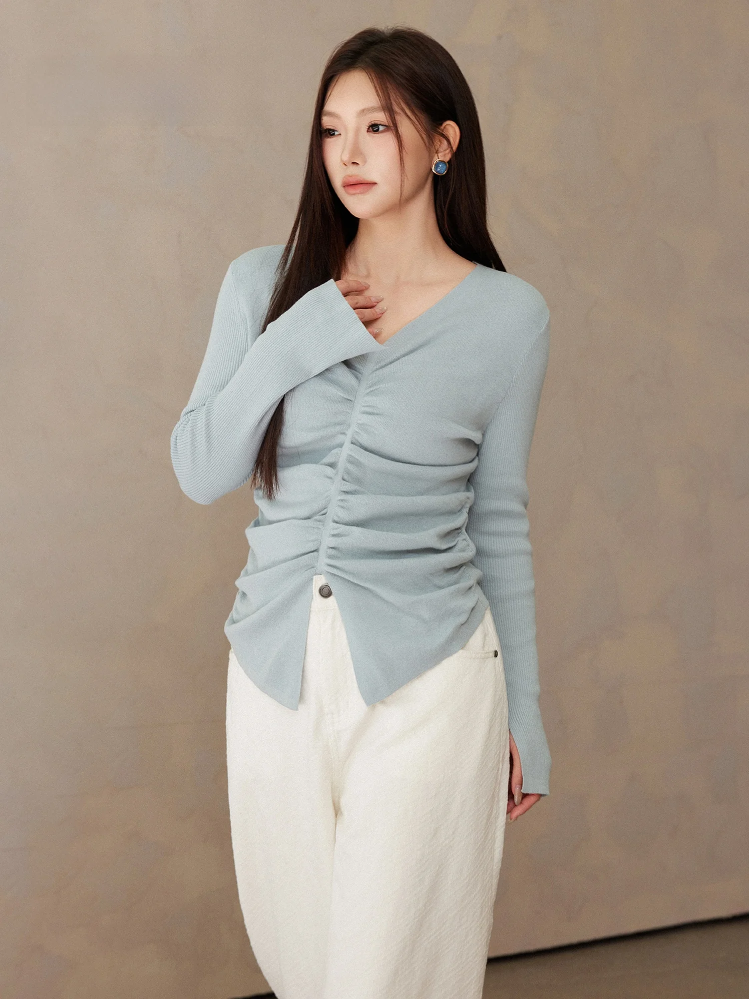 

Женский топ Plusmall Curvy Muse Design с V-образным вырезом, приталенный, с драпировкой, больших размеров, для повседневной носки, осенняя коллекция