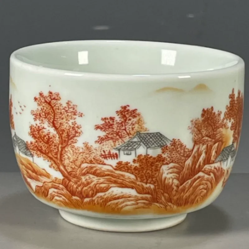 Vintage Qing Qianlong Blue and White Underglaze Red Teacup with Landscape Motif - Traditional Chinese Tea Accessory decor