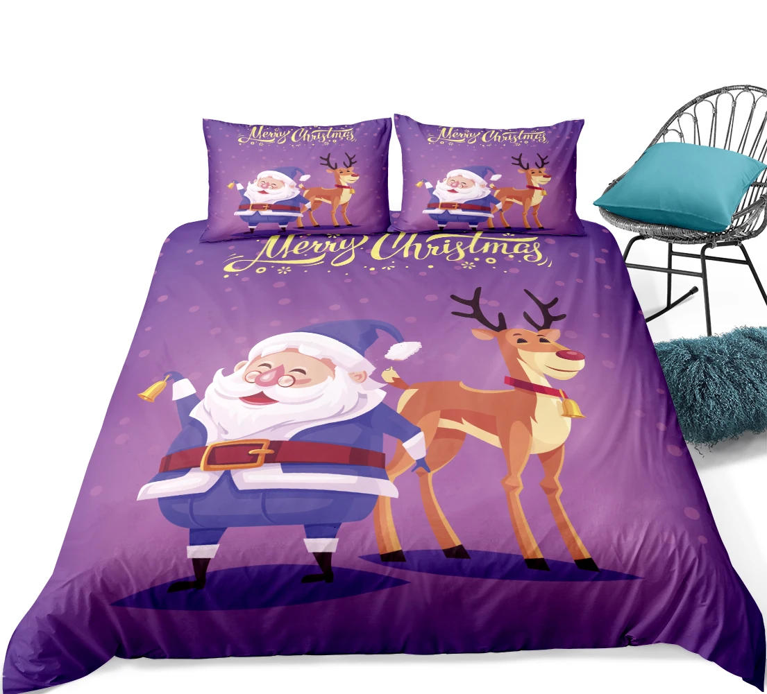 Purple Beddings Cover Set Reindeer Snowman Christmas Duvet Cover Set Happy Christmas with Matching Pillow Case