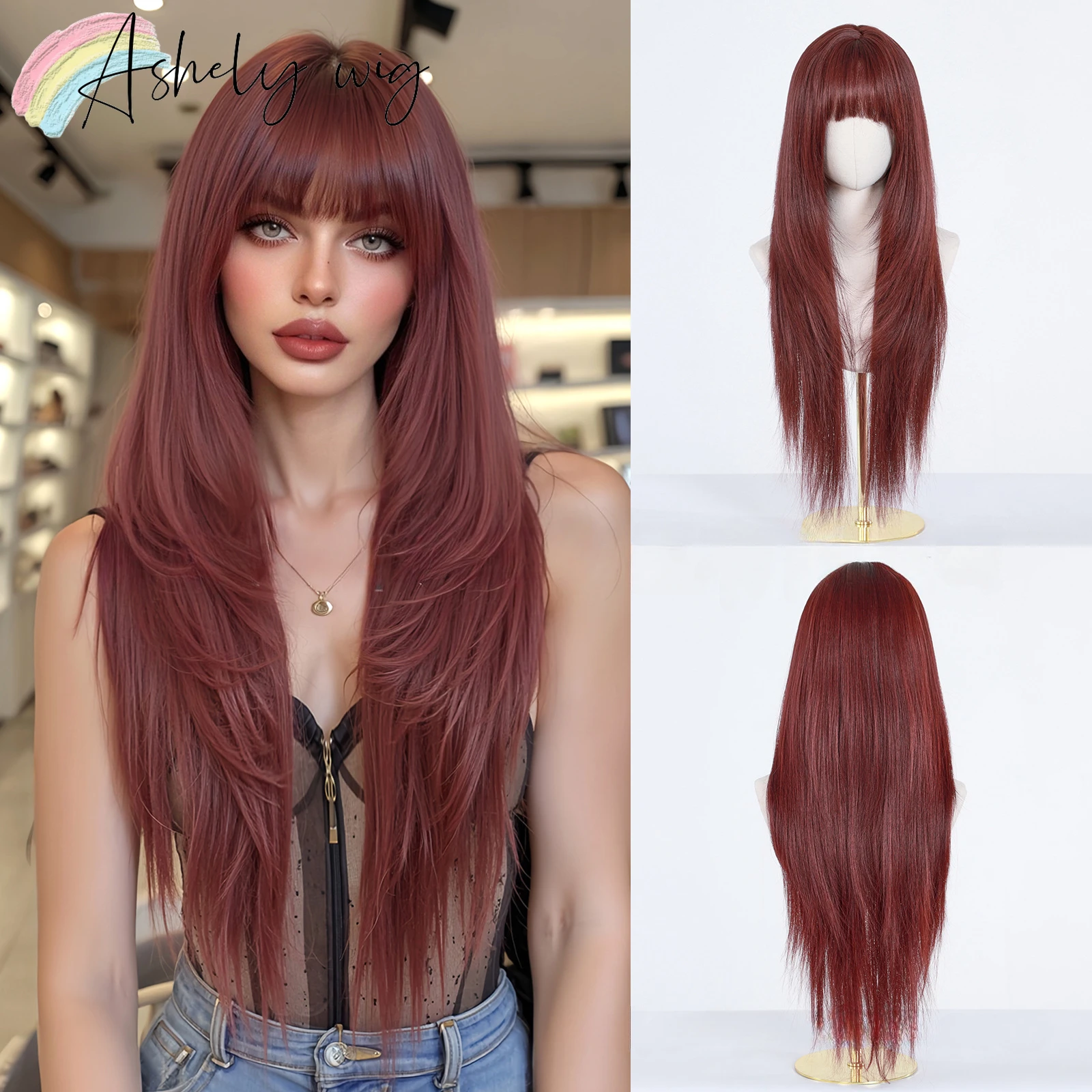 Red Wig for Women 28inch Long Straight Layered Hair Wig with Bangs Black High Quality Fibers Lolita Cosplay Wig Perruque Femme