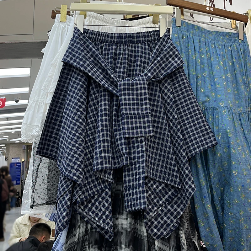 Fake Two-piece Lace-up Casual Irregular A-line Skirt Women 2025 Autumn New High Waist Contrast Color Plaid Pleated Mini Skirt