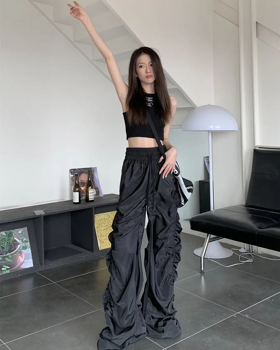 Calças femininas confortáveis cordão sólido shirring retro ins 2025 cintura alta novas senhoras pretas diariamente hip-hop dancewear