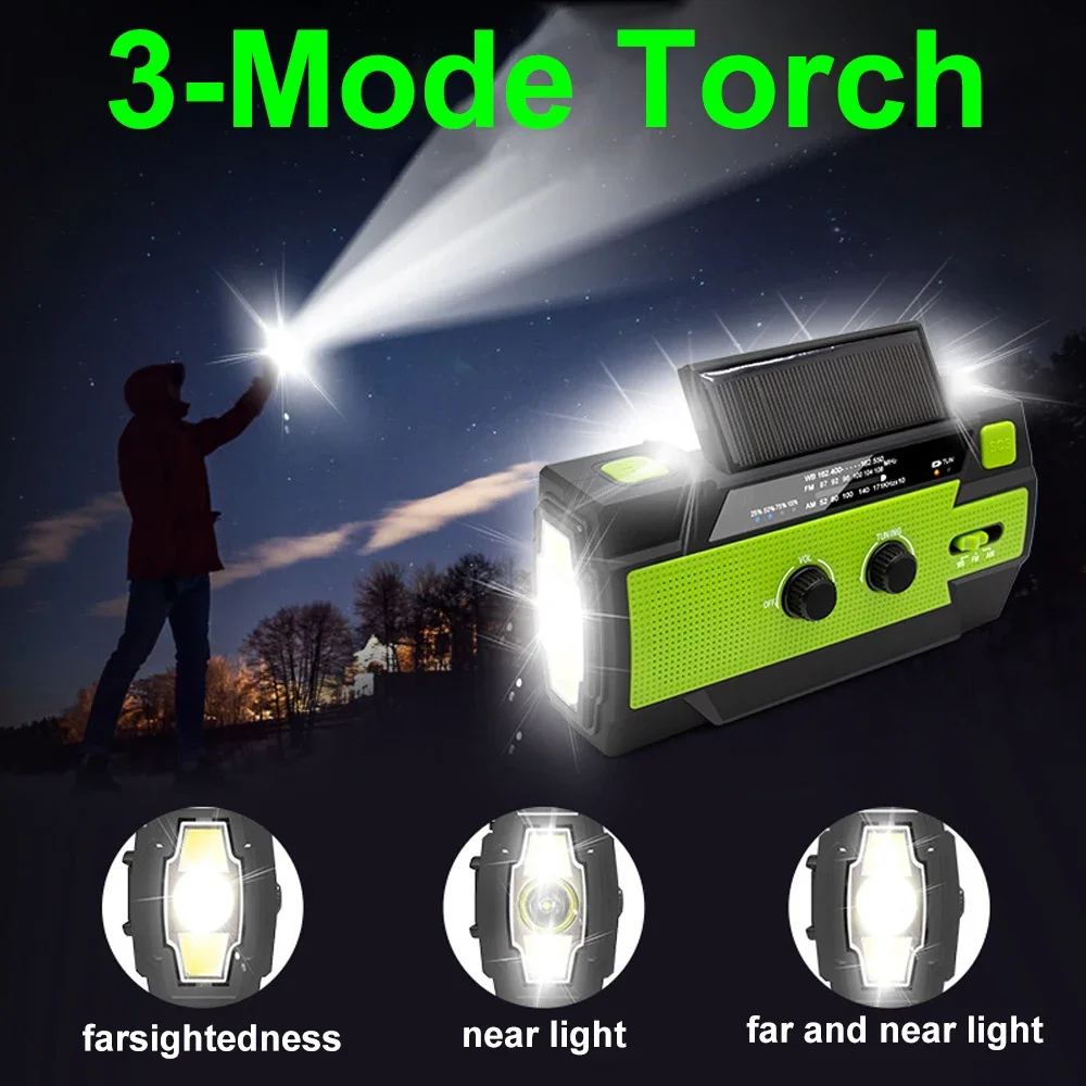 Emergency Flashlight Torch 4000mAh Power Bank Rechargeable SOS Radio Hand Crank Solar USB AM/FM/NOAA Weather Radios Home Outdoor