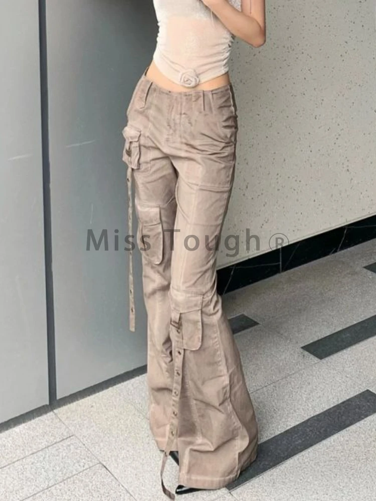 America Spice Girl Style Brown Cargo Pants Women Autumn New Y2k Millennium Jans Female Low-rise Micro-flared Floor-length Pants