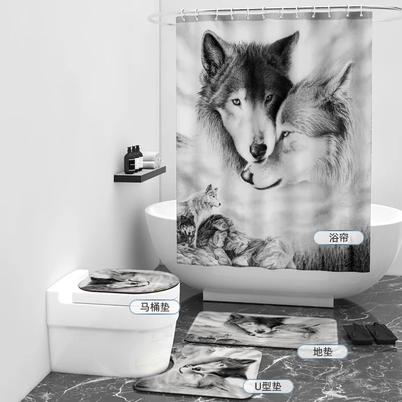 Wolf 3D Printed Bathroom Set Together Shower Curtain Rug Set Bathroom Mats Rugs Toilet Decor Mat 01