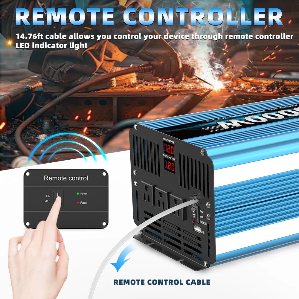 8000W Peak Power Inverter 3000W Pure Sine Wave DC 12V 24V To AC 120V with Remote Control and USB LCD Display Vehicles RV Boat