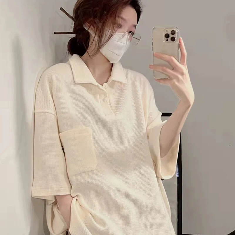 Waffle Vintage Polo Oversized 2022 New Summer Short Sleeve Women T Shirts Korean Pullover Japanese Fashion Harajuku Tunics Tops