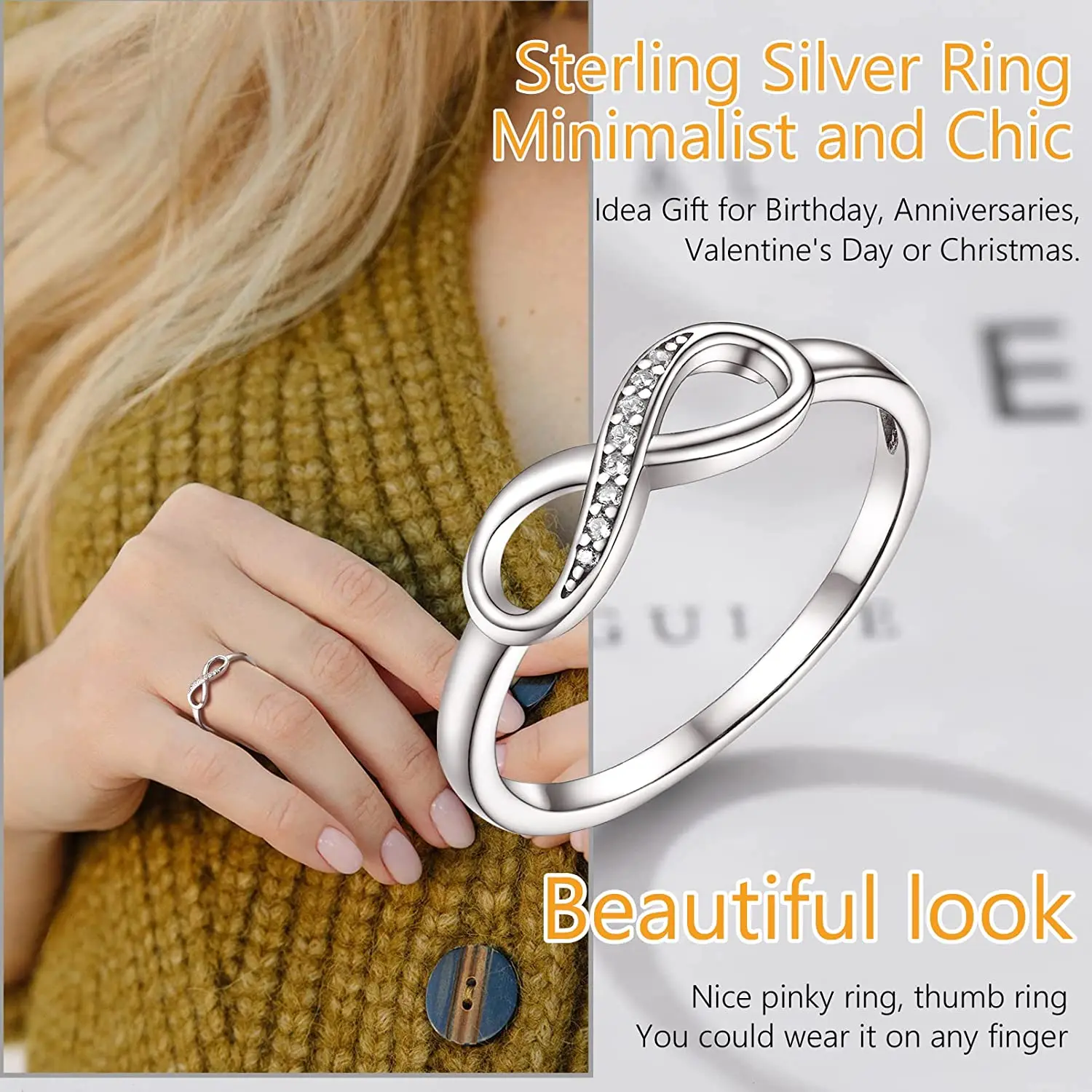 PROSILVER Anniversary Infinity Ring Stackable Women Girl Gifts Cubic Zirconia 925 Sterling Silver Rings Sizes 4-12 PYR15189B
