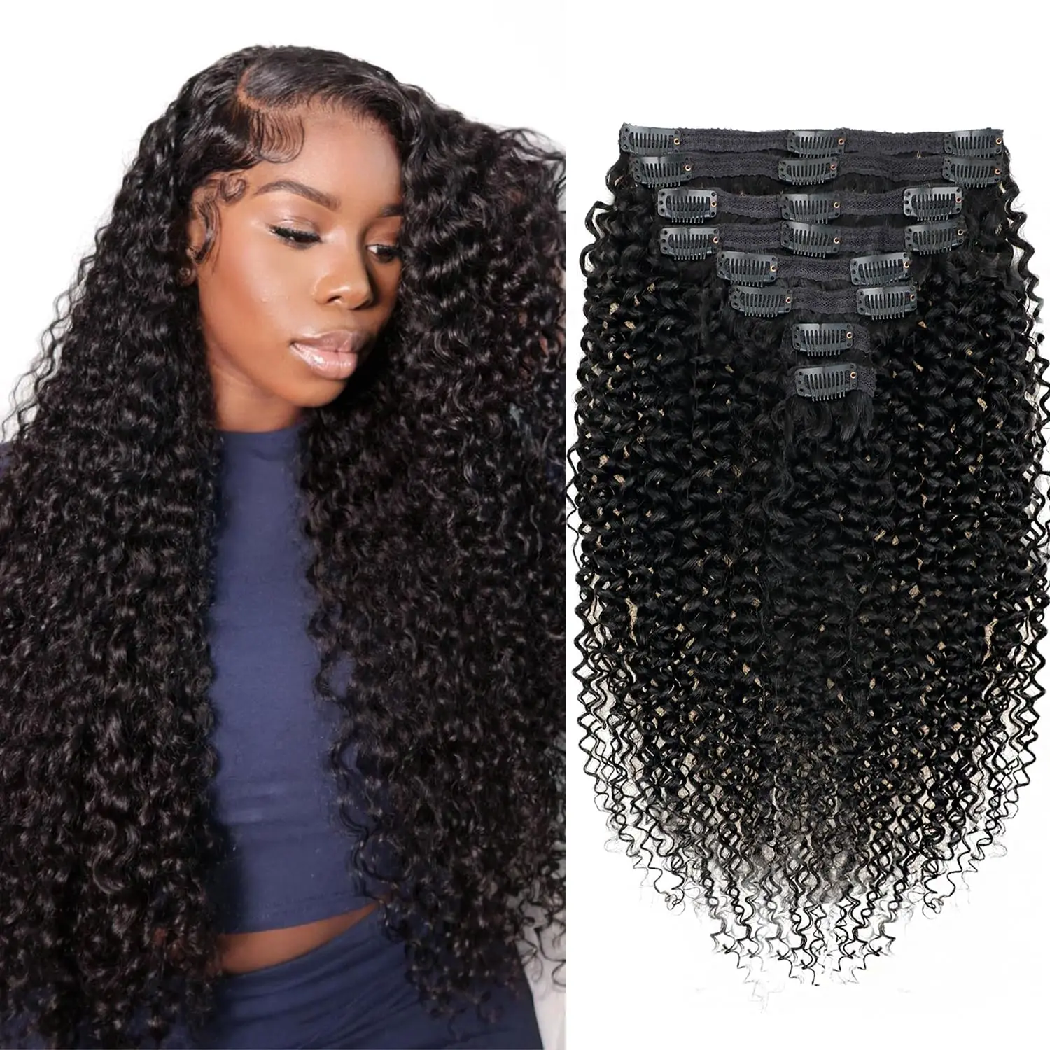 

Заколка для наращивания волос Kinky Curly Clip Ins Полная голова для женщин Настоящие 100% человеческие волосы Натуральный цвет 8 шт. с 18 зажимами