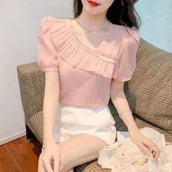 Ruffle Short Sleeved 2023 Summer Fashion Design Blouse Women Blusas Clothes for Women Tops Shirts Blouses