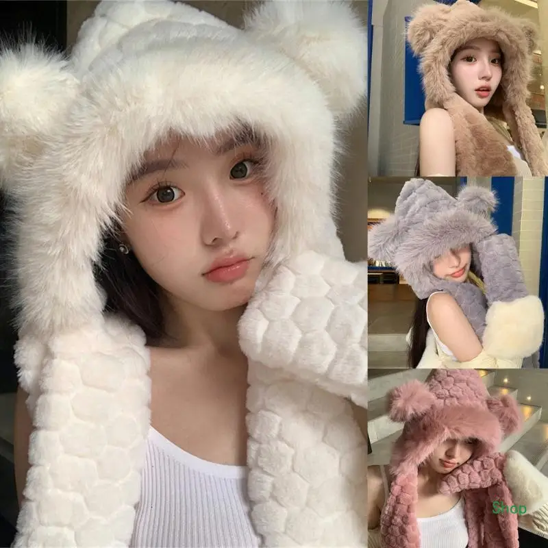 Dropship Furry Gloves Bear Hat Headwear for Women Winter Cycling Climbing Skiing