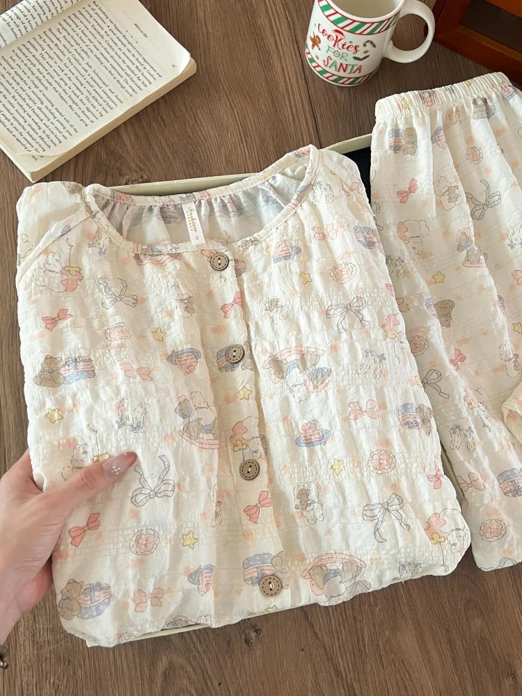 

Summer Sleepwear Short Sleeve Short Pants Women's Sweet Girl Student round Neck Open Cardigan Home Clothes Set Can Be Worn ou...