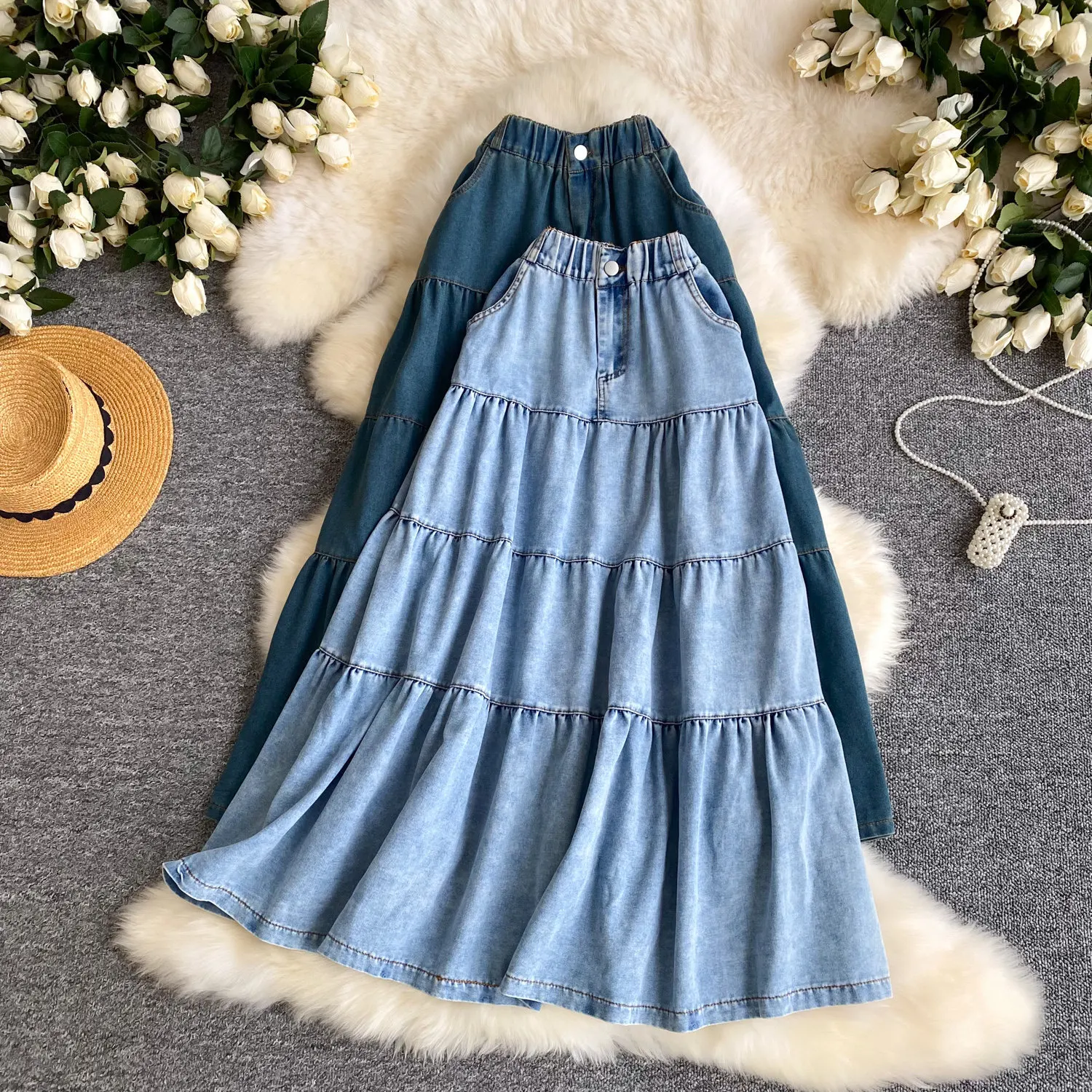 Women Skirts Denim Skirt Solid Pocket Button Empire Elastic Waist Ankle Length Tiered Skirt Loose Fit Casual Office 2026 Summer