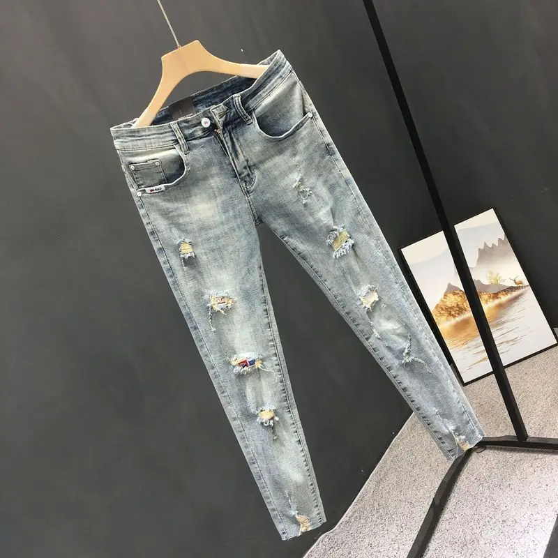 Elegant Fashion Harajuku Slim Fit Elastic Light Colored Jeans Thin Style Korean Version Cropped Pants Cotton All Match Trousers