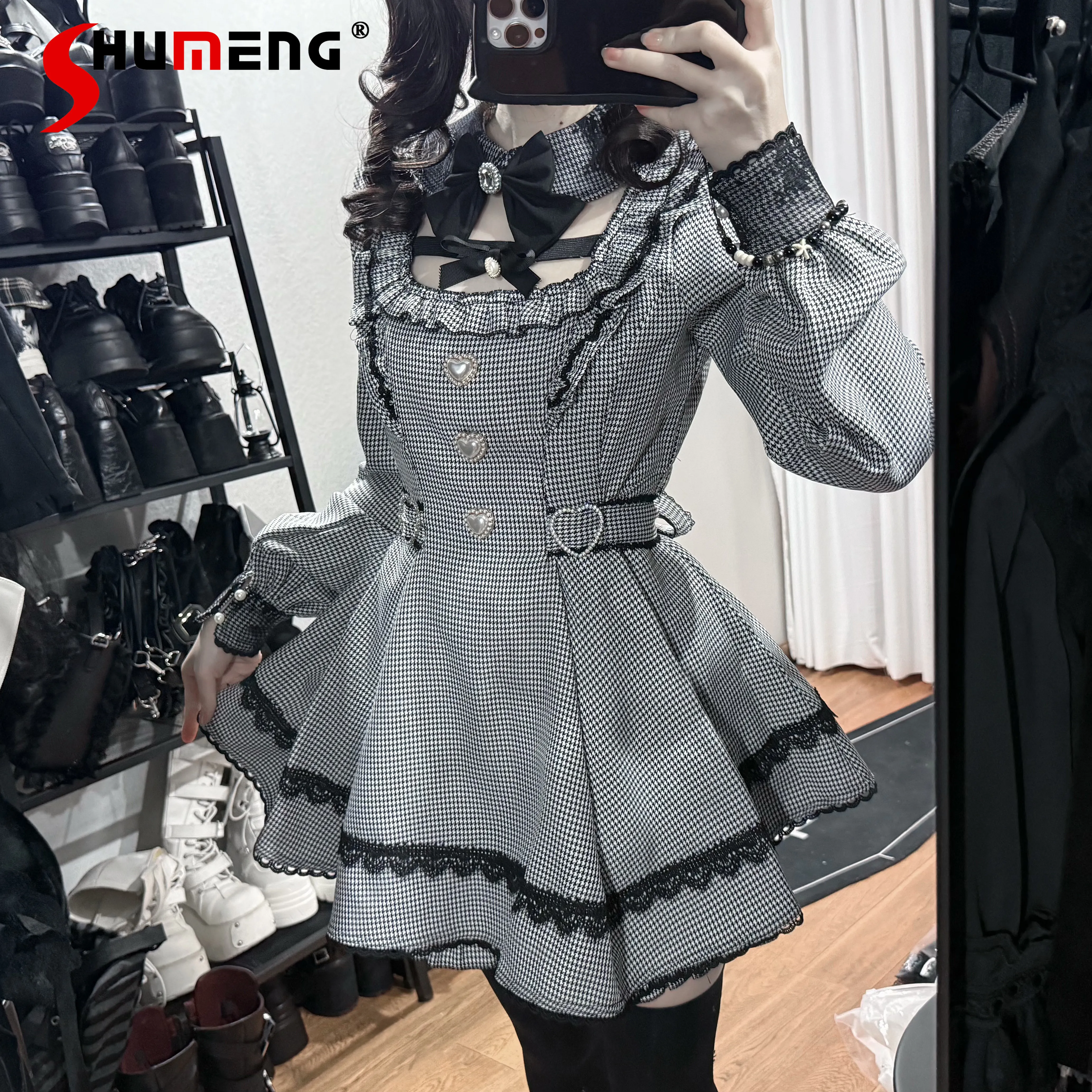 

2026 Spring New Japanese Style Mass-Produced Mine Long Sleeve Plaid Dress Set Women's Slim Fit Cute Bow Top Shorts 2-Piece Set