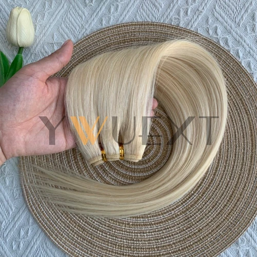 Imagen 2 del producto Extensiones de cabello humano liso para mujer, extensiones de cabello humano Remy cosidas en trama, Rubio liso, 50g, 12 ""-24"", cabello Natural