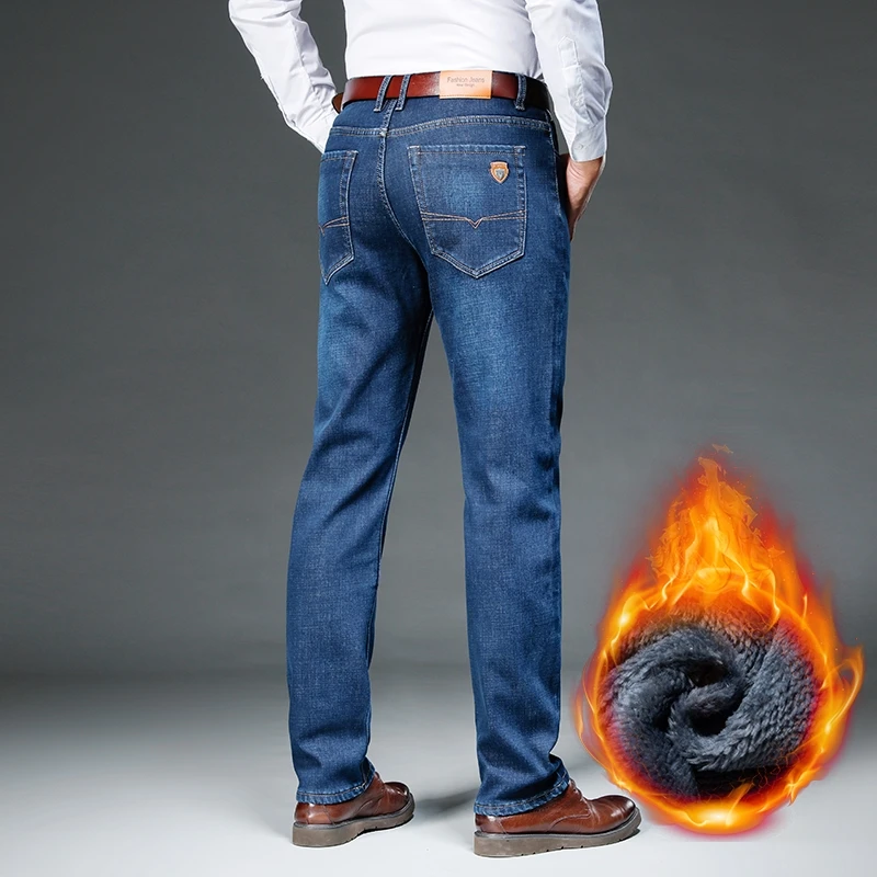 남성용 겨울 울 청바지, 비즈니스 캐주얼 클래식 스트레치 슬림 데님 바지, 레트로 패치 쉴드 클래식 남성복