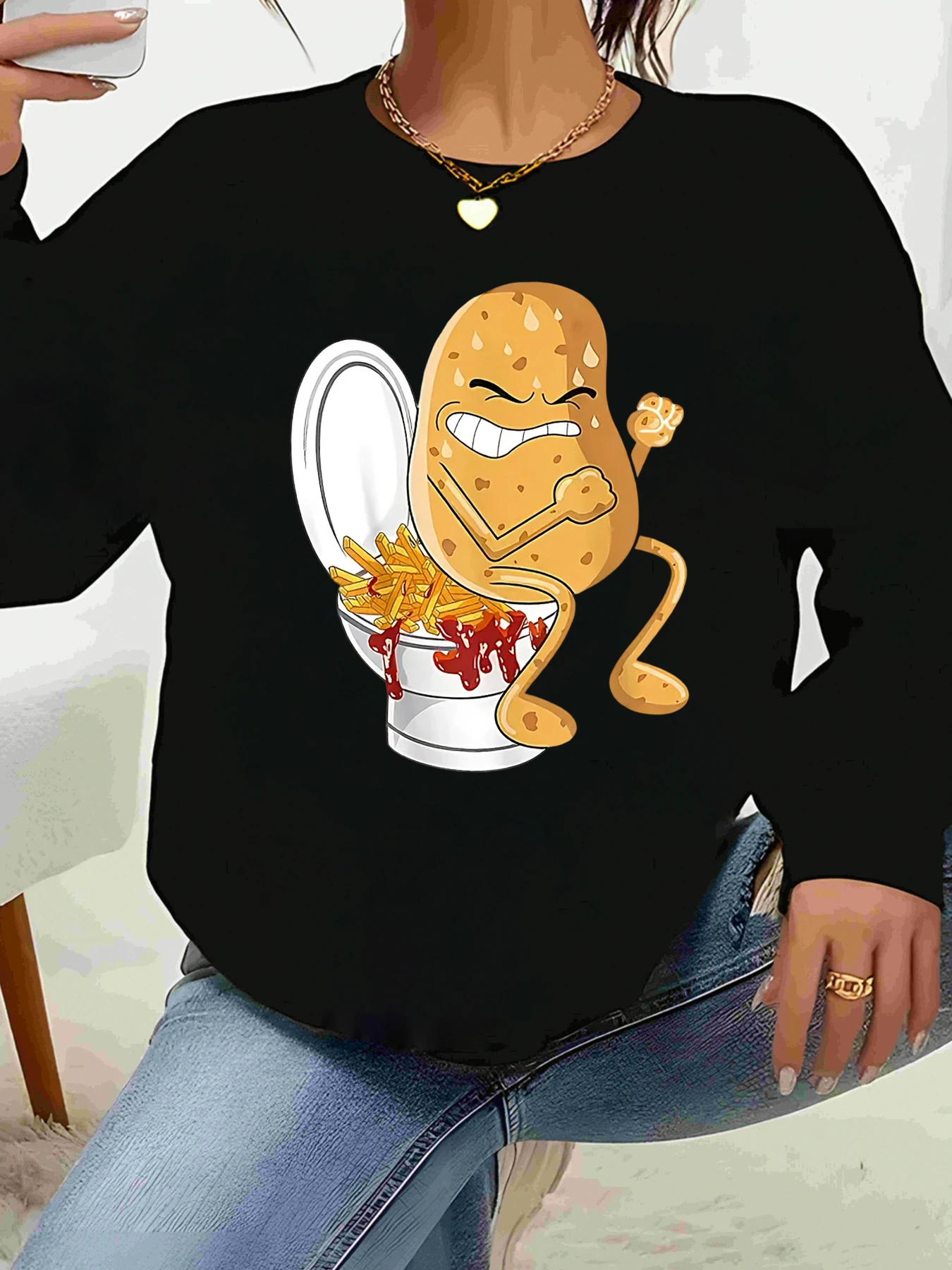 

Potato Toilet Fries Print Halloween Sweatshirt Casual Wear Women