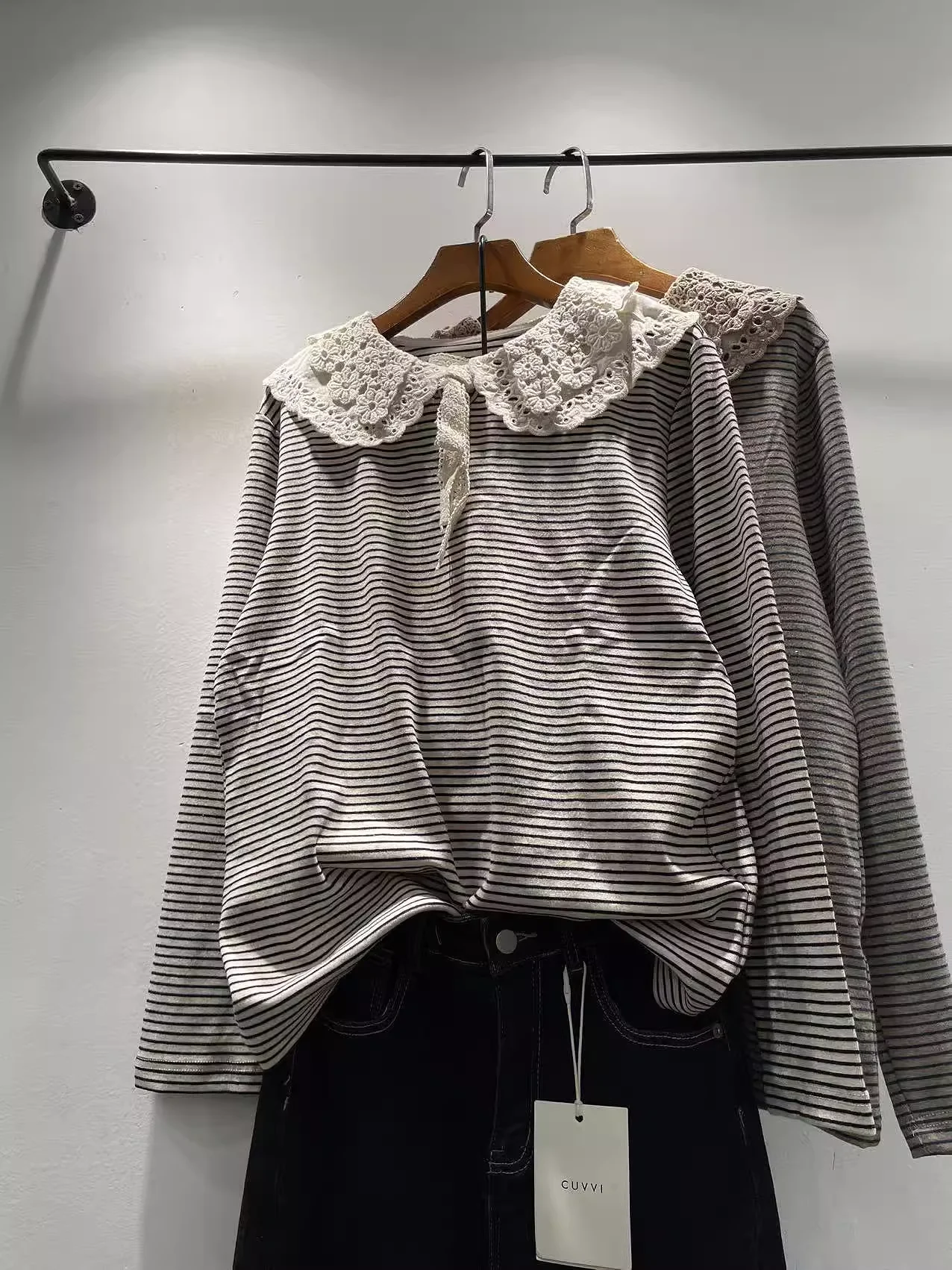 قمصان موري جيرل 100% قطن بيتر بان بياقة دانتيل مخططة وأكمام طويلة للنساء قمصان دعم مخططة على طراز بريبي الياباني #1