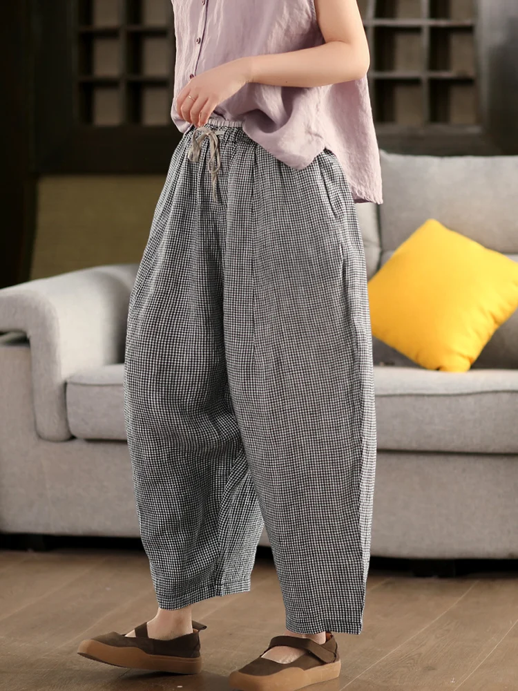 

Женские плотные брюки Haax в клетку, цветные, с эластичным поясом, свободные джинсы-харланы с манжетами, летние, для повседневной носки, длинные брюки