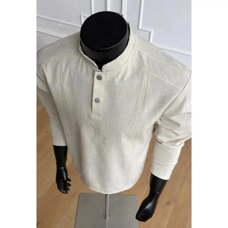 Hong Kong Style Men Stand Collar Long Sleeve T Shirt Loose Plus Size Henry Collar Inner Basic Casual Top
