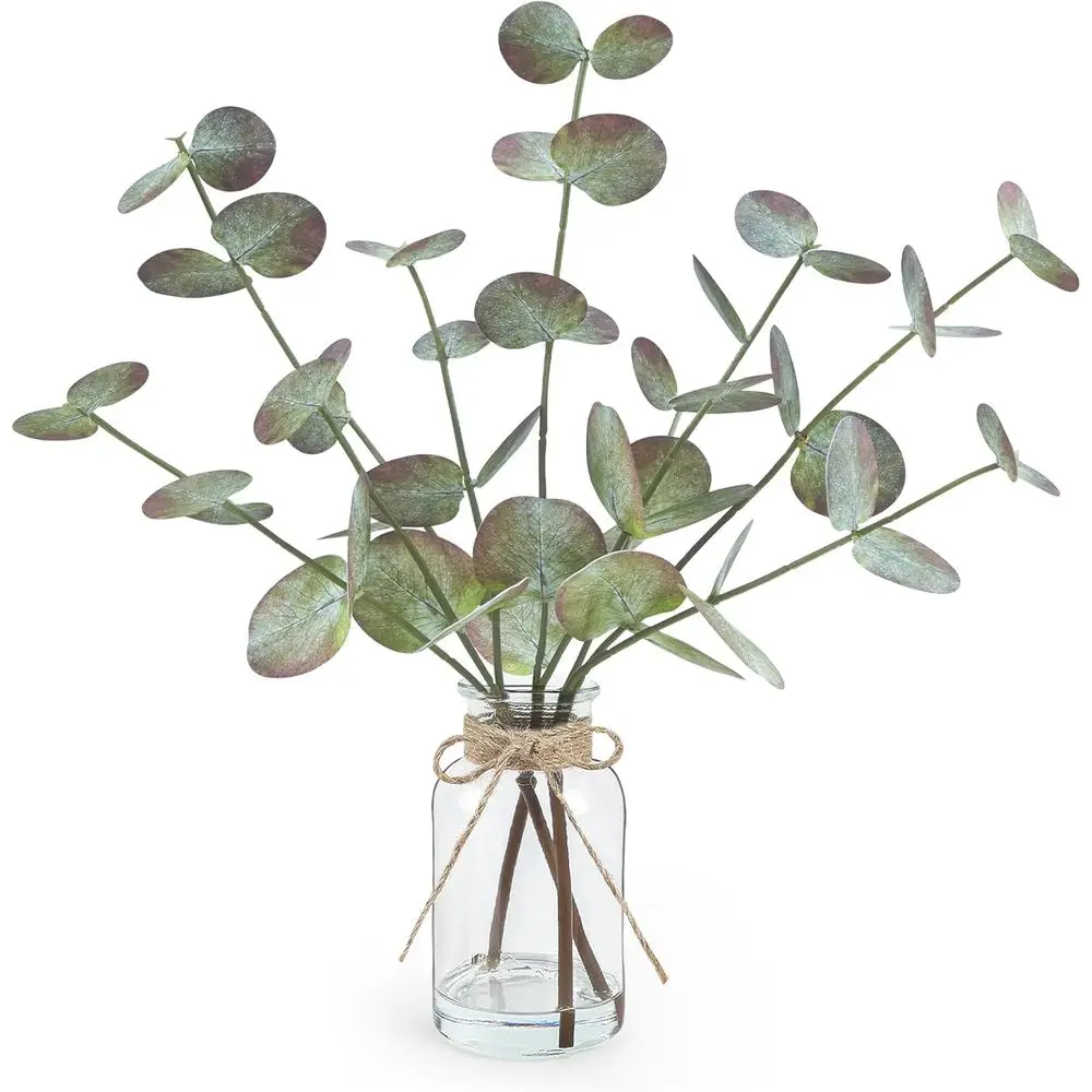 

all ake Eucalyptus Stems in Glass Vase with aux Water 14" ake all Plants with Artiicial Eucalyptus Leaves all Decorations or Hom
