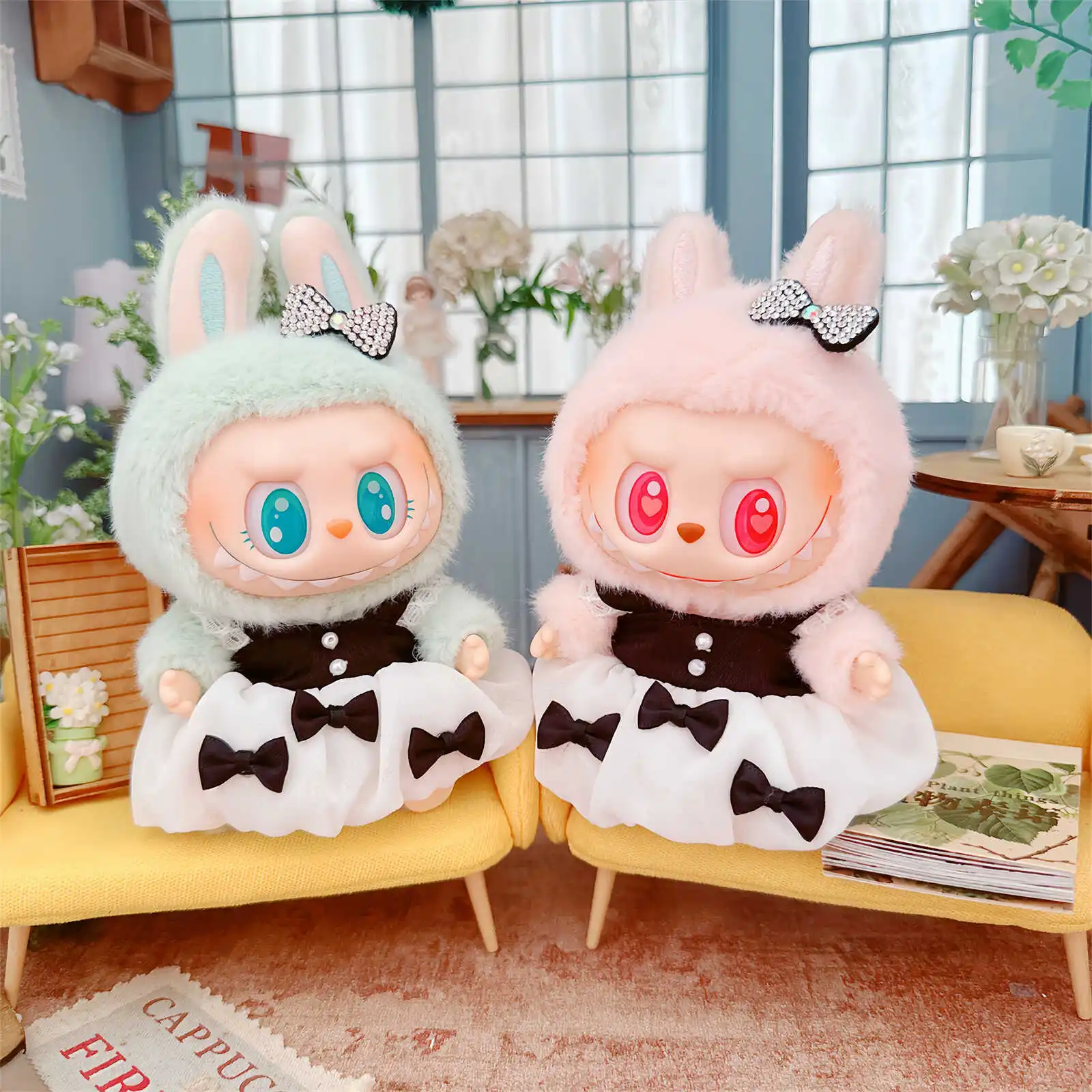 Cute Mini Idol Doll Clothes for Girls, Kawaii Soft Princess, Black White Bow Suit, Plush Doll Accessories, Changing Games, 10cm