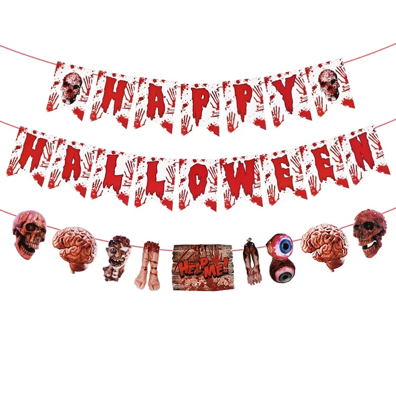 Happy Hallowee Banner Garland Bloody Skull Skeleton Head Knife Hanging Pendants Halloween Party Home Haunted House Horror Decor