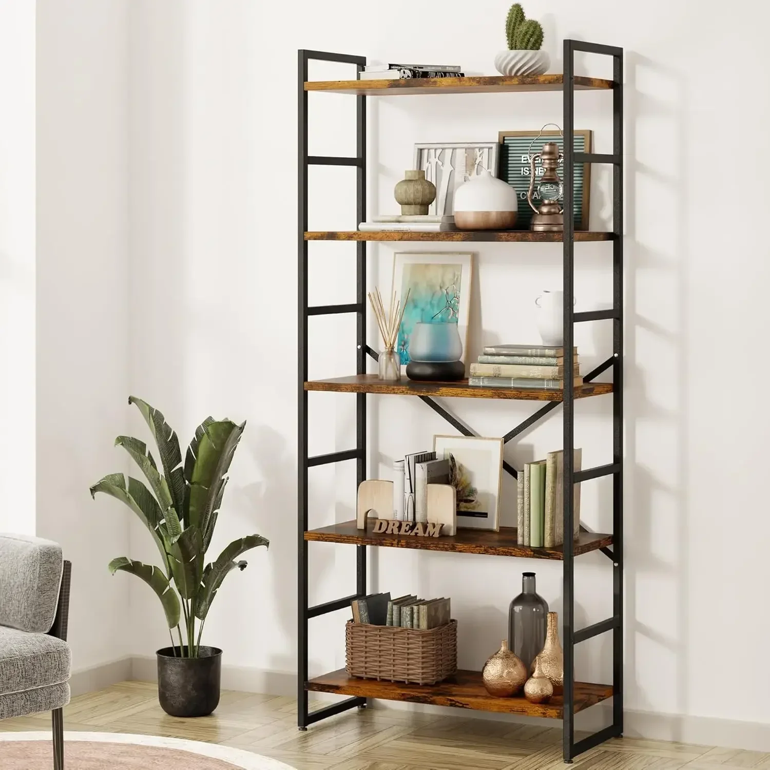 

Shintenchi Bookshelf, 5 Tier Bookshelf, Tall Bookcase Shelf for CDs/Movies/Books, Home Office Bookcase Shelf Storage Organizer