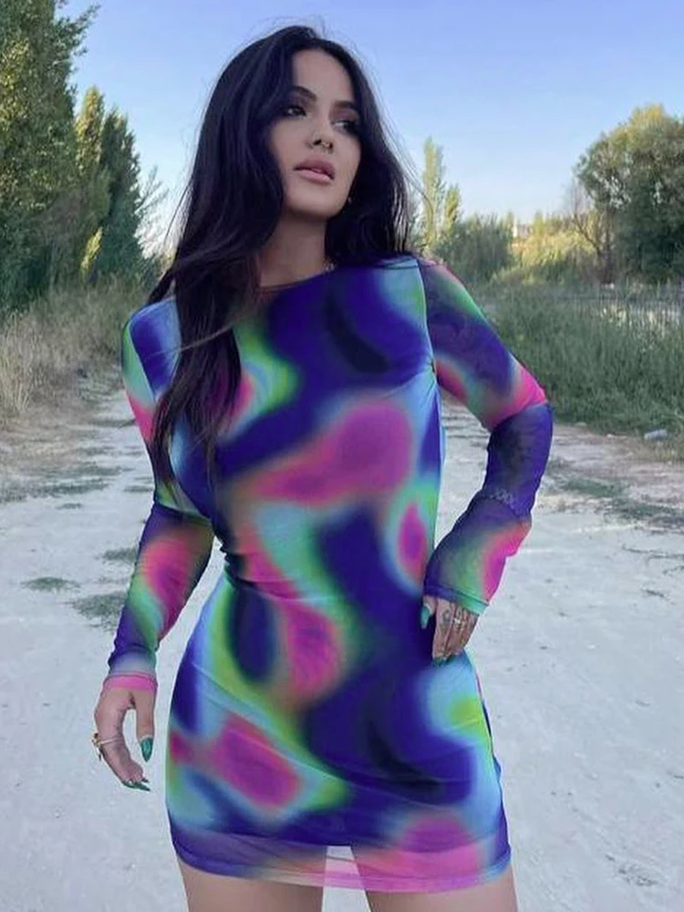 KLALIEN Tie Dye Long Sleeve Backless Mini Dress for Women 2023 Autumn Party Club Evening Streetwear Bodycon Short Dresses