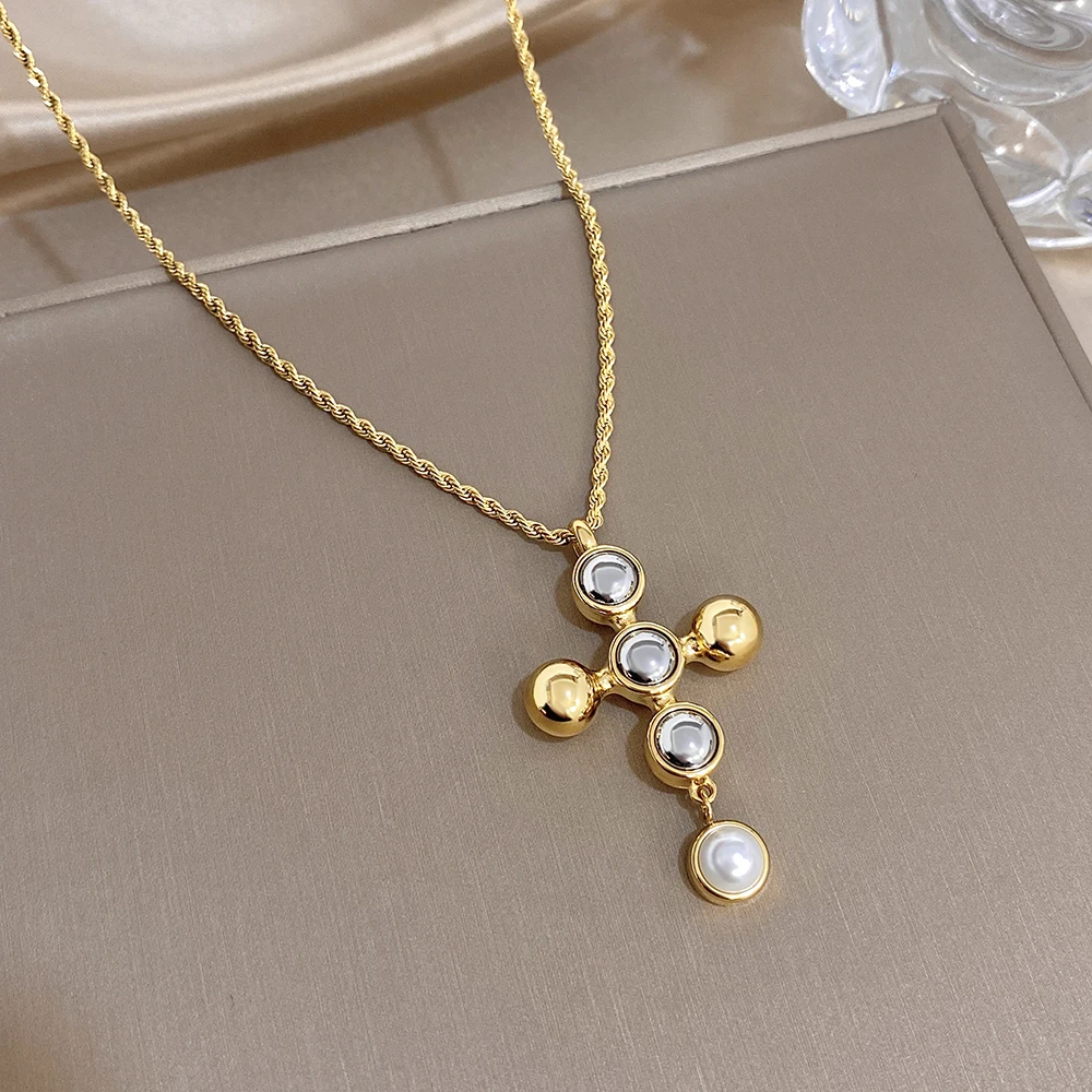 Greatera Twist Chain Cross Pendan Men Women's Necklace Fashion Two Tone Pearl Inlaid Stainless Steel Collarbone Chain Jewelry