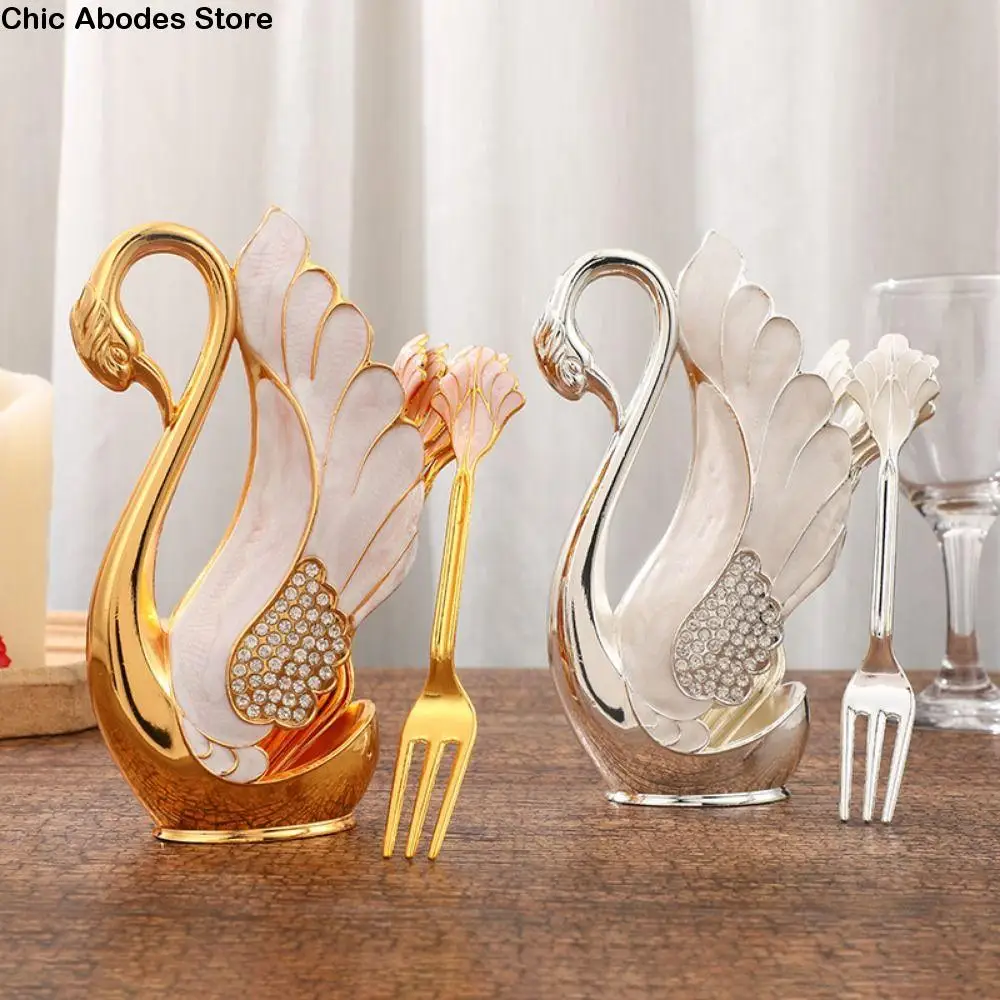 

6Pcs Swan Shape Base Holder Coffee Spoon Set Decorative Easy To Clean Forks Set with Swan Holder Widely Use Rhinestone-encrusted