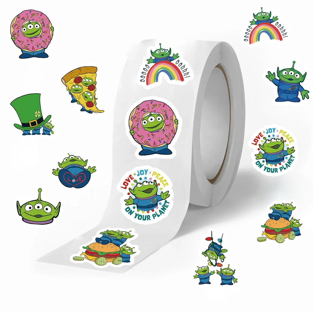 500pcs/Roll Cute Alien Three Eyes Stickers Disney Toy Story Labels DIY Luggage Laptop Waterproof Kawaii Sealing Label Sticker