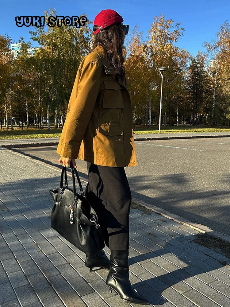 

Chic Pockets Bomber Jacket Women Loose Zipper Stand Collar Button Solid Full Sleeve Coats 2025 Autumn Lady Commute New Outwear