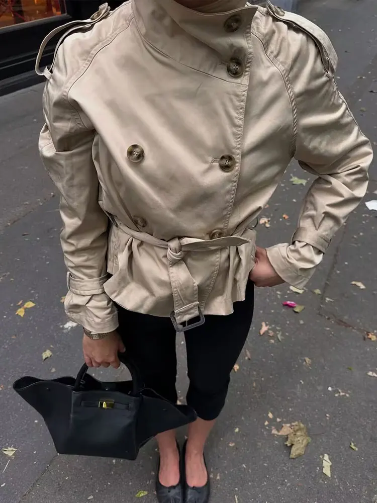 

HH Women Fashion Solid Windbreaker Belt Trench Coat Long Sleeve Double Breasted Turtleneck Jackets Autumn Casual Streetwear Tops