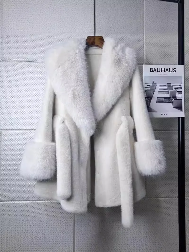 

Women Environmentally Faux Fox Fur Large Fur Collar Coat Winter V-Neck Mid-Length With Lace-Up Turn-Down Lapel Slim Fit Overcoat