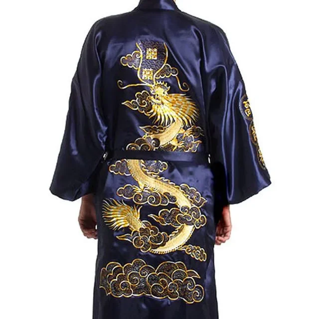 Japanese Style Male Satin Silk Robe Dragon Embroidery Japan Kimono Bath Gown Size M L XL XXL Men Satin Robe Embroidery Bath Gown