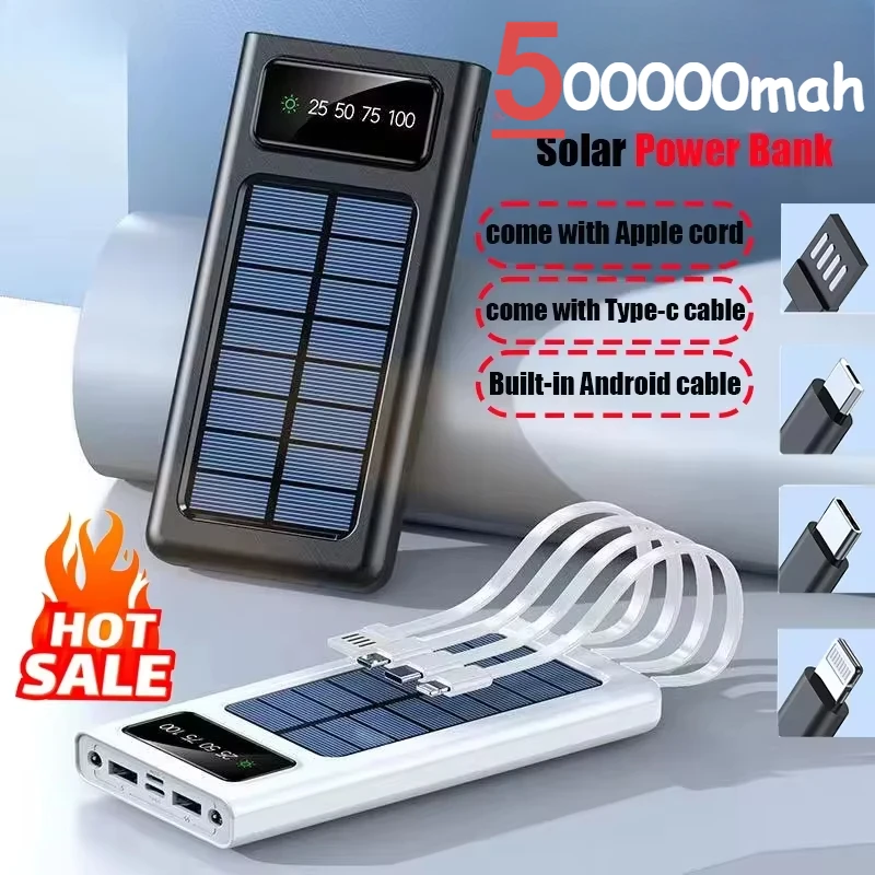 500000mAh Solar Power Bank Built Cables Solar Charger 2 USB Ports External with LED Light Super Fast Charger Powerbank