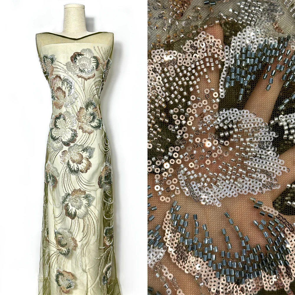 

African Heavy Beaded Lace Fabric French Bridal Sequins Lace Fabric 2025 Luxury Nigerian Tulle Lace Fabric For Dresses Wedding
