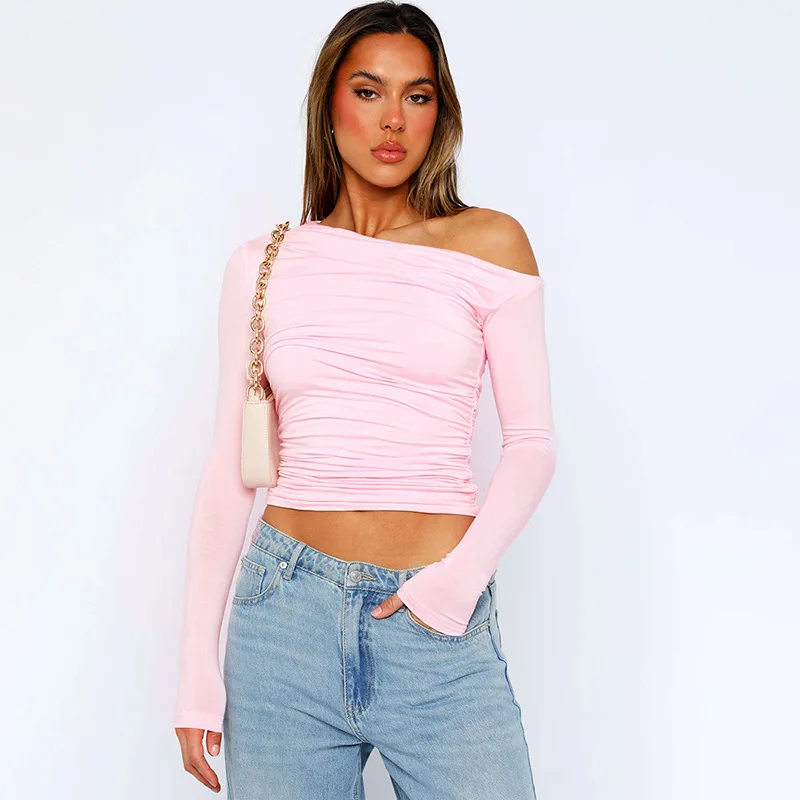 

Solid Slim T-shirt Women Elegant Off Shoulder Diagonal Collar Irregular Long Sleeved Pullover 2024 Autumn New Bottoming Shirt