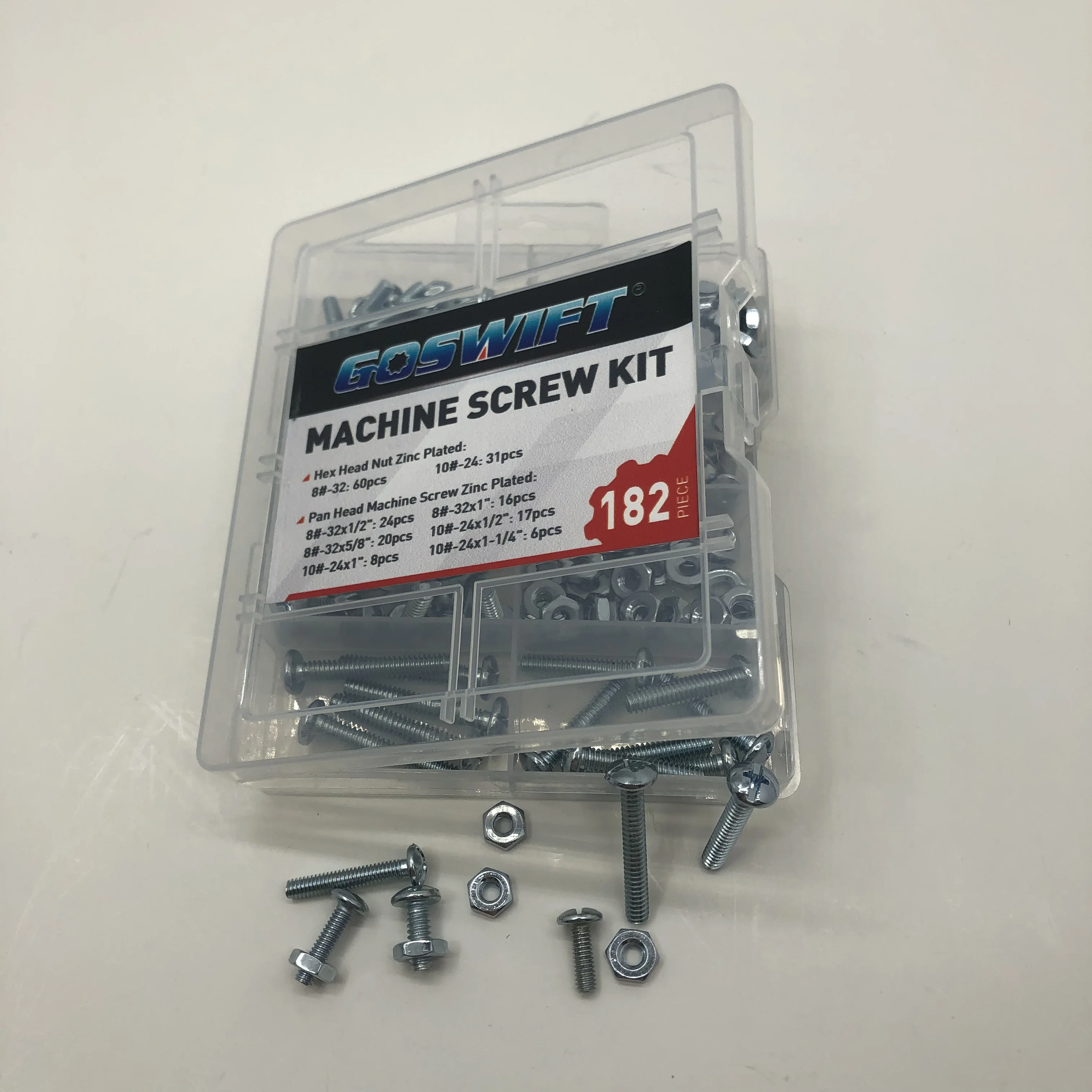 GOSWIFT 182 Pieces Metric Stainless Steel Cross Flat Head Machine Screw Nut Combination Kit Hand Tools