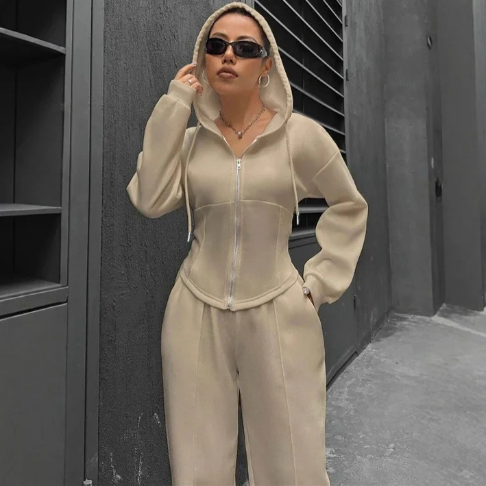 2025 New Fashion Zipper Giacca sottile con cappuccio + Pantaloni a gamba larga Set da due pezzi Donna Autunno Casual Top e pantaloni Abiti per le donne