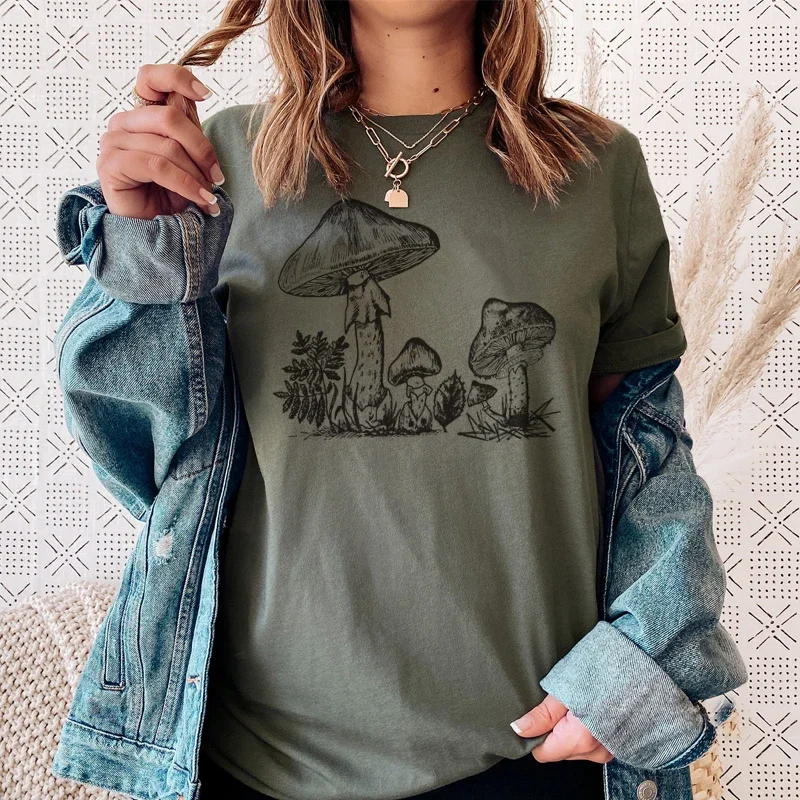 Mushroom Printed Women Army Green T-Shirts Vintage Cottagecore Aesthetic T Shirt Cute Fungi Graphic Tees Dark Academia Clothes