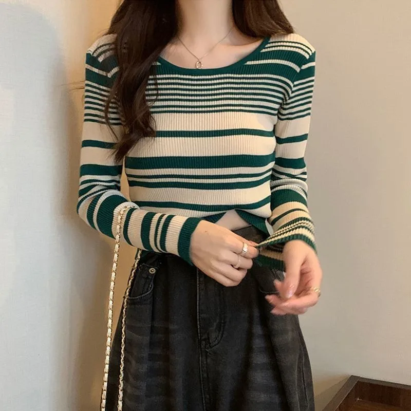 خريف 2025 جديد ريترو التباين مخطط بأكمام طويلة محبوك الطبقات الداخلية قميص قصير المرأة #4